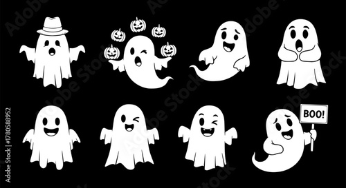 Ghost set. Funny Ghost icons. Cute ghost characters. Design elements for logo, badges, banners, labels, posters. Vector illustration