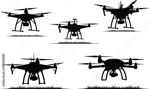 Quadcopter drone silhouette set, black vector illustration, camera-mounted UAVs, aerial technology, grass landing concept, drone design comparison