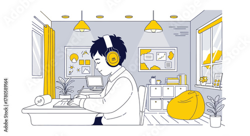 Focused student studying in a modern yellow room, wearing headphones and writing in a notebook for schoolwork or a creative project at home