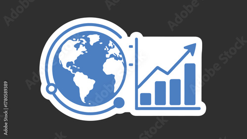 Global Branding Network , simple clean line vector of globe and chart in flat blue and white colors, symbolizing modern communication and online reach.