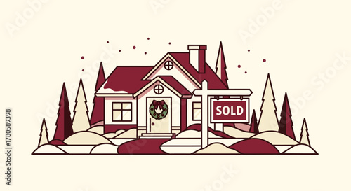 Celebrate winter homeownership with a charming sold house illustration, perfect for festive real estate campaigns and holiday property promotions