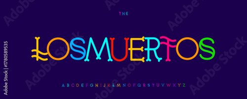 Witty Colored Font Logo Alphabet Festive Latin Playful Typography, Creative Mexican Lettering for Dim De Los Muertos Title, Kids Birthday, Carnival Poster Headline, Party Branding. Vector Typeset