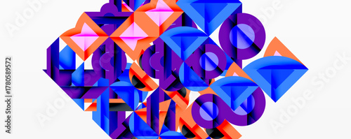 Abstract geometric shapes overlap, creating vibrant colorful composition. Bold lines, angles define complex design.