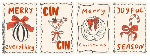 Hand drawn ink Christmas greeting card set. Retro vintage Xmas elegant drawing set in minimalist style with frame, wreath, Christmas tree, martini and candy cane. Whimsical vector illustration