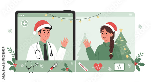 Cheerful Christmas telehealth visit with friendly doctor and patient connecting online for holiday health advice and wellness tips during the festive season