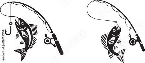 Black fish caught on fishing rod reel hook