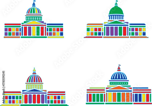 Colorful government building icons capitol building
