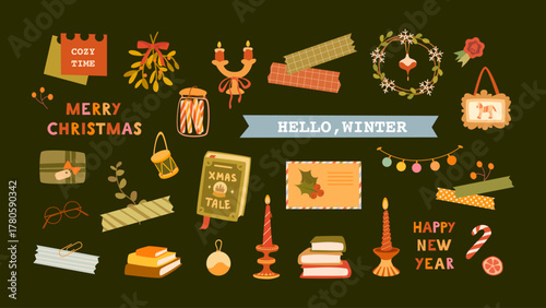 Festive Christmas and New Year clipart set with cozy holiday elements. Candles, wreath, mistletoe, books, gift, candy, garlands, envelope, tape. For sticker, invitation, card, print