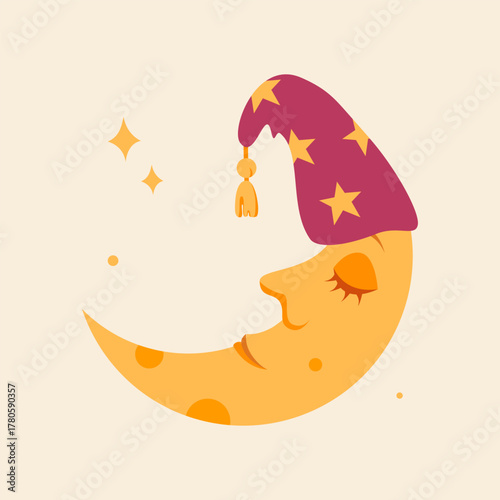 Cosy illustration of a crescent moon with a smiling face sleeping in a night cap with stars. Great for poster, print, kids clothes, pyjamas, sticker, books
