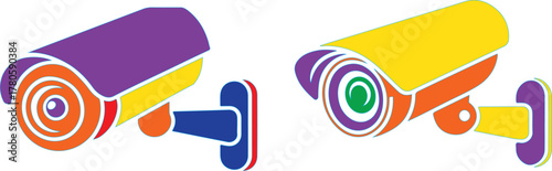 Colorful security cameras with swirling lenses surveillance