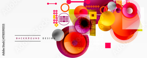 Abstract geometric shapes, vibrant colors, modern design elements. Composition features circles, squares, lines, gradients. Background suggests digital art creation.