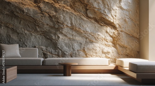 modern interior detail with raw stone wall texture, soft daylight, minimalist furniture, earthy palette, natural shadows, biophilic design