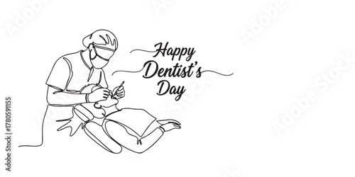 Minimal one-line drawing of a dentist treating a patient with “Happy Dentist’s Day” text, medical art, clinic posters, and oral hygiene campaigns, and modern minimalistic design on a white background.