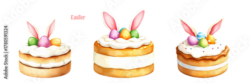 Set of watercolor Easter cakes, Easter cake, rabbit ears, with eggs on top, filled with white glaze. Hand painted in soft warm colors, isolated on white background, vector illustration. For holiday de