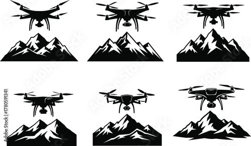 Drone flying over mountain landscape, black silhouette vector set, aerial exploration, rugged terrain, nature surveillance, quadcopter graphic design
