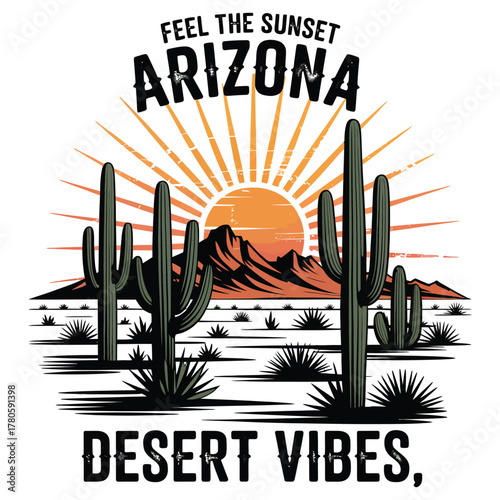 Western Desert Landscape with Majestic Cacti Silhouettes Against a Radiant Sunset Horizon, Capturing Serene Southwest Vibes