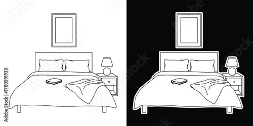 Bedroom interior sketch with bed, bedside table, lamp, picture, and blanket, presented in both white and black background versions
