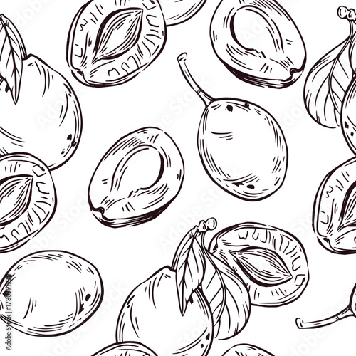 Seamless vector pattern of plums, half plums and prunes. All objects are hand-drawn in ink and converted into vector. The pattern is suitable for kitchen textile design, printing on paper and fabric. 