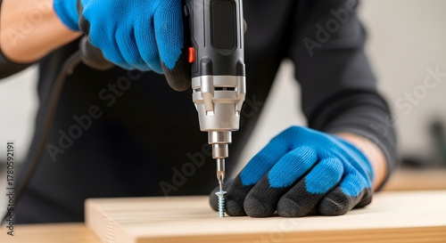 Wallpaper Mural Man using a cordless drill to screw into a piece of wood. DIY home improvement project for construction and repair. Carpentry work concept. Torontodigital.ca