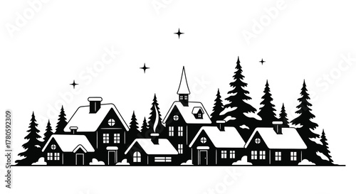 Charming winter village scene with snow covered houses and pine trees silhouette