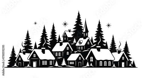 Charming winter village scene with snow covered houses and tall evergreen trees silhouette