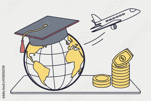 Isometric design showing graduation cap, airplane, and globe surrounded by gold coins symbolizing worldwide education and investment opportunities.