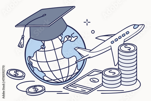Isometric concept of global scholarship and investment education showing graduation hat on globe with airplane and golden coins.