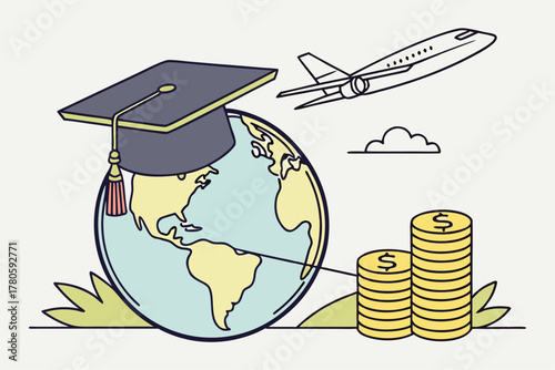 Isometric vector illustration of graduation hat on globe with airplane and gold coins symbolizing global investment education and scholarships.