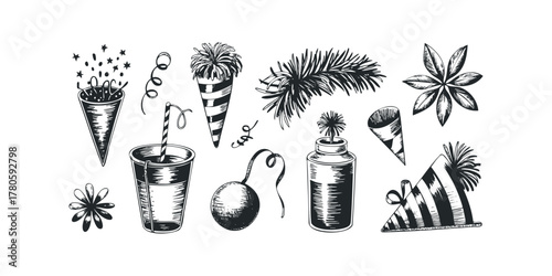 Party supplies and decorative elements sketch