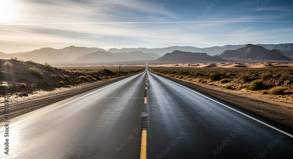 Naklejka premium Long Straight Road Leading Toward Distant Mountains Under Blue Sky