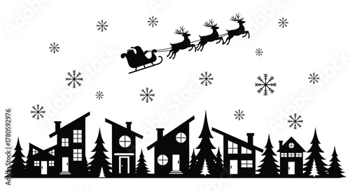 Christmas eve santa claus flying in his sleigh with reindeer over a snowy village silhouette