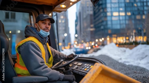 A city worker, their face shielded, operates a salt truck, its spreader grinding grains onto a street. Snow banks, their surfaces crusty, line the road, its asphalt slick. A radio crackles in the