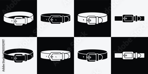 Monochrome checkered pattern featuring a variety of belt designs, showcasing different styles and buckle types, creating a visually appealing composition