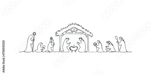 Nativity scene with continuous line drawing of figures