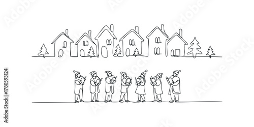 Group of carolers singing in front of a village of houses