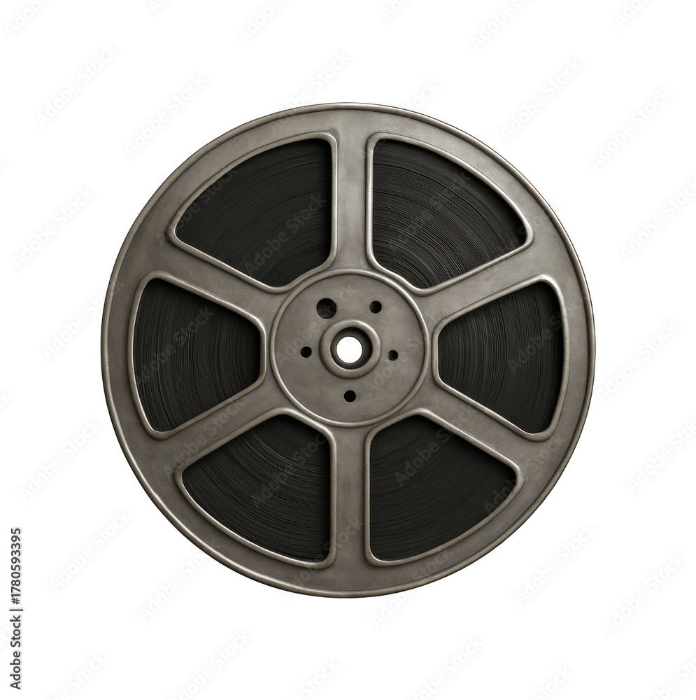 Obraz premium Vintage metal film reel with dark grainy celluloid film wound around the spool against a stark black background