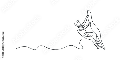 Man climbing steep rock face with minimal line art