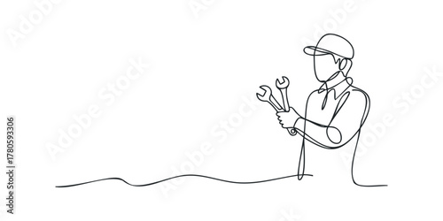 Line drawing of mechanic with wrench and cap