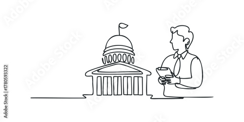Man with book standing before government building