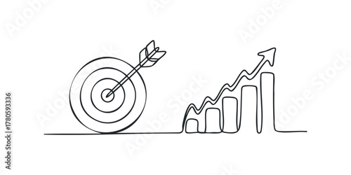 Target hit with arrow and rising bar chart