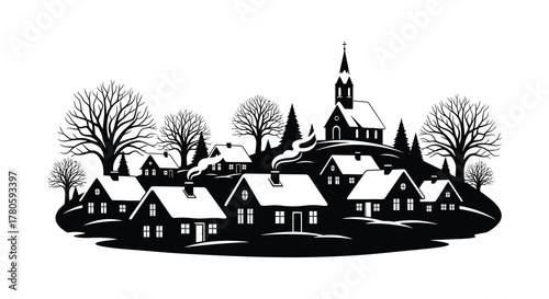 Charming winter village scene with snow covered roofs and a church steeple silhouette