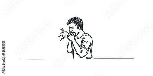 Man Coughing into Hand Single Line Drawing
