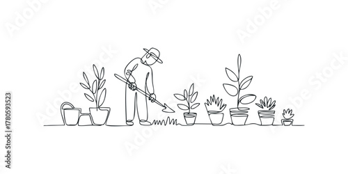 Line drawing of person tending potted plants with spade