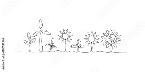 One line drawing of growing plants and wind turbines