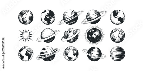 Hand Drawn Space Planets and Sun Collection