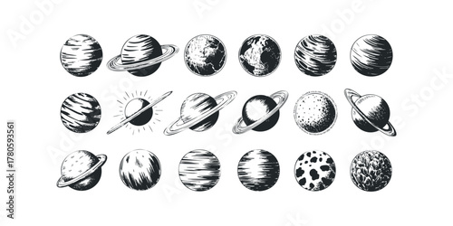 Collection of Hand Drawn Planets and Celestial Bodies