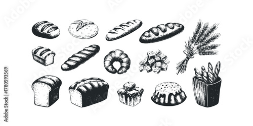Hand drawn bread assortment and wheat stalks