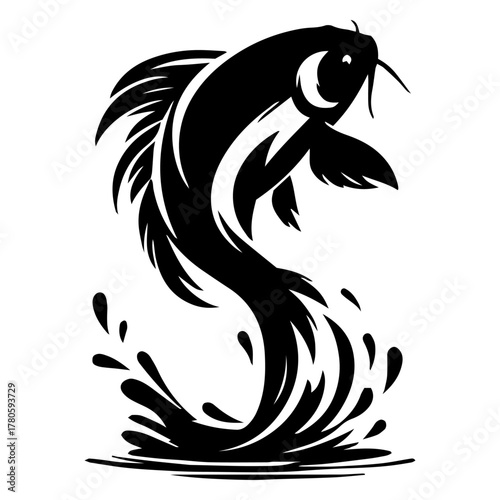 Stylized Black Silhouette of a Leaping Koi Fish