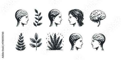 Collage of Human Heads with Brains and Plant Sprigs