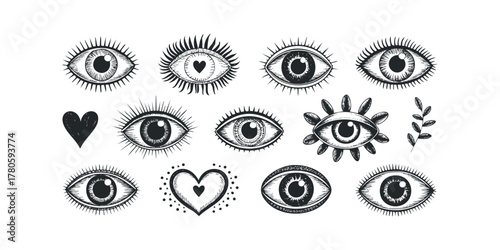 Collection of Hand Drawn Eyes and Hearts